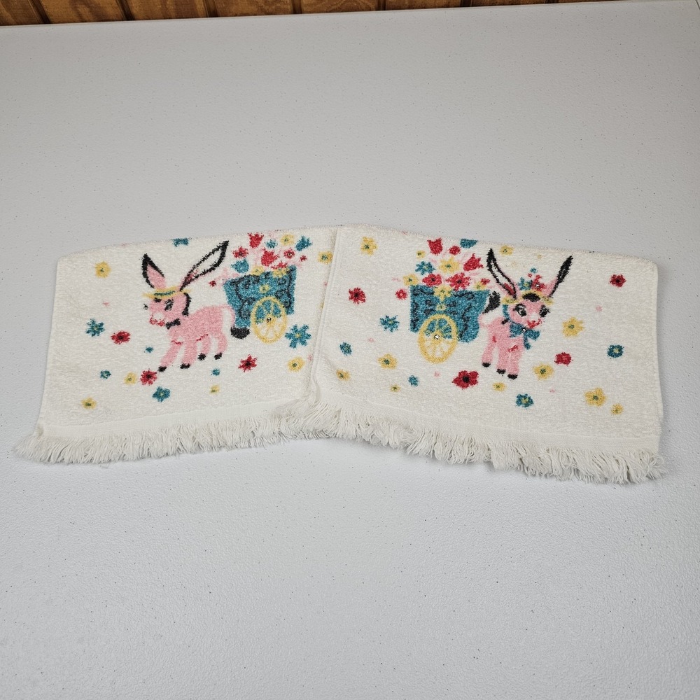 Vintage Royal Terry Hand Towel Pink Donkey Cart Floral Fringe Rhinestone Set 2